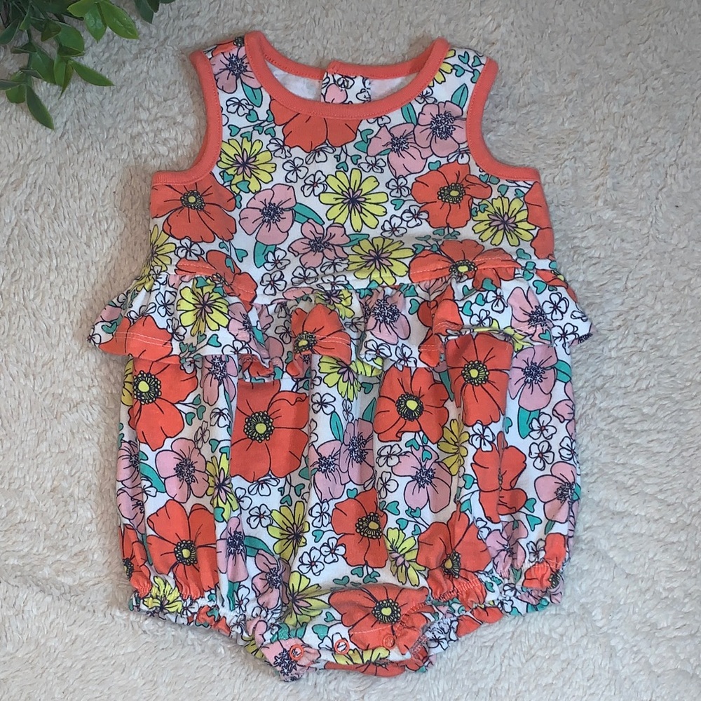 Cat & Jack Orange Floral Bubble Romper 18M EUC